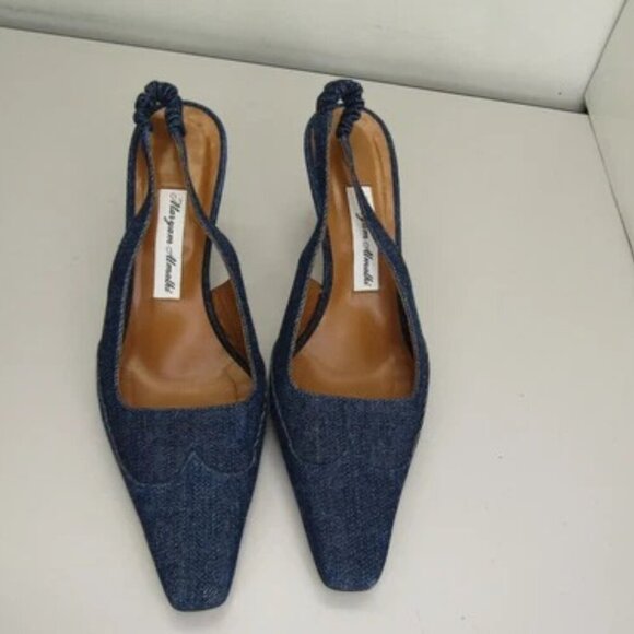 NEW MARYAM AMALKI  Cassidy Pumps Slingback Squared Toe Cushioned Denim Size 8 - Picture 2 of 13